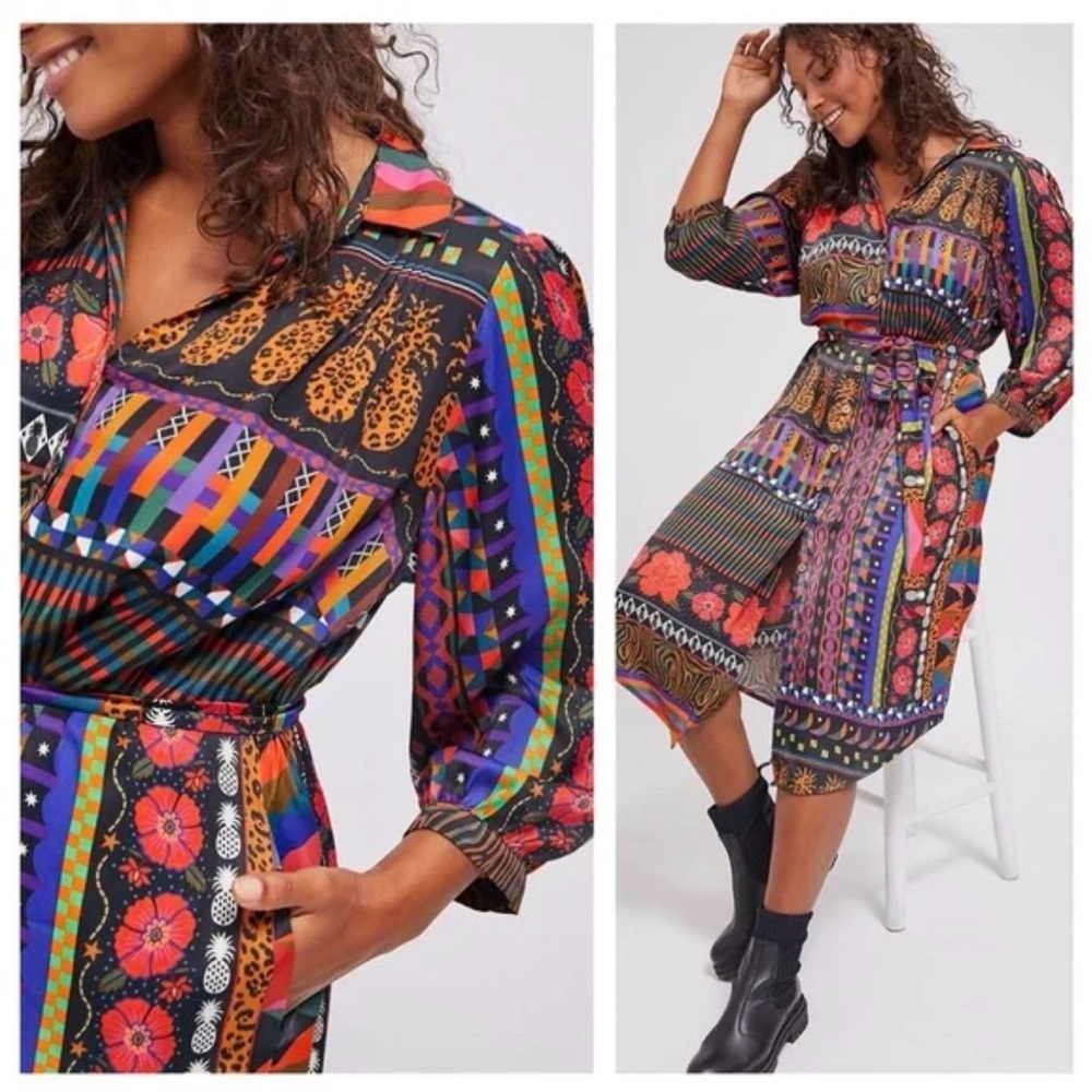 FARM Rio Multicolor Patchwork Midi Shirt Dress with Black Base